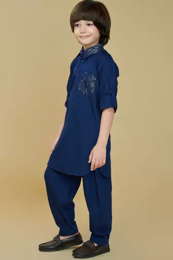 Inky blue cotton blend solid kurta and pant set