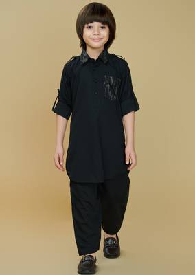Black cotton blend solid kurta and pant set 1