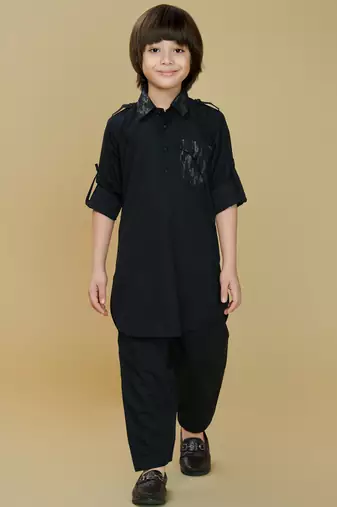 Black cotton blend solid kurta and pant set