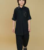 Black cotton blend solid kurta and pant set