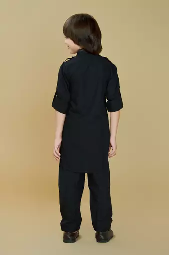 Black cotton blend solid kurta and pant set