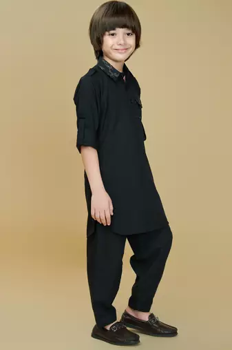 Black cotton blend solid kurta and pant set