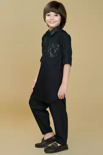 Black cotton blend solid kurta and pant set