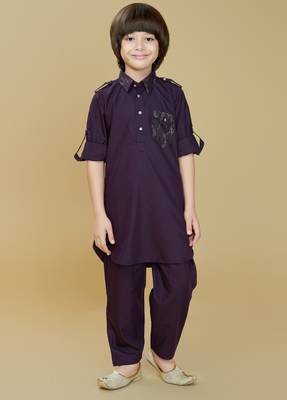 Wine cotton blend solid kurta and pant set 1