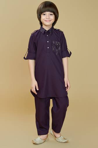 Wine cotton blend solid kurta and pant set