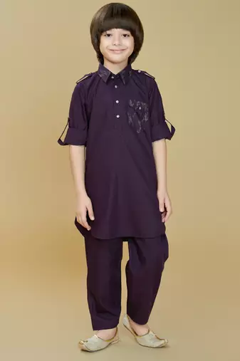 Wine cotton blend solid kurta and pant set