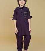 Wine cotton blend solid kurta and pant set