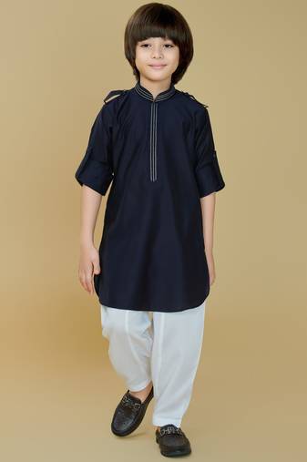 Navy blue cotton blend solid kurta and pant set