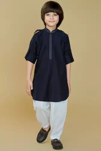 Navy blue cotton blend solid kurta and pant set