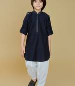 Navy blue cotton blend solid kurta and pant set
