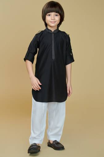 Black cotton blend solid kurta and pant set