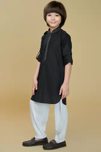 Black cotton blend solid kurta and pant set