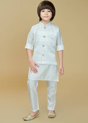 White jaquard woven kurta jacket set 1