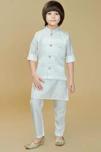 White jaquard woven kurta jacket set