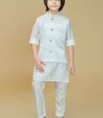 White jaquard woven kurta jacket set