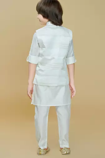White jaquard woven kurta jacket set