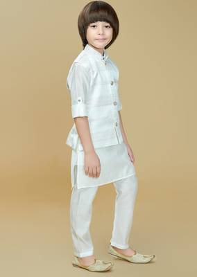 White jaquard woven kurta jacket set 3