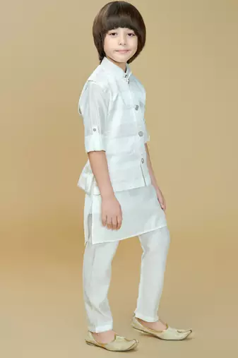 White jaquard woven kurta jacket set