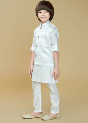 White jaquard woven kurta jacket set 4