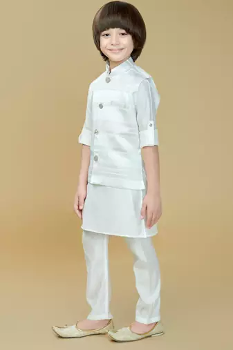 White jaquard woven kurta jacket set