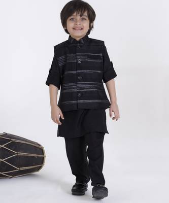 Black jaquard woven kurta jacket set 1