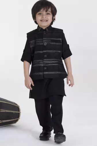 Black jaquard woven kurta jacket set