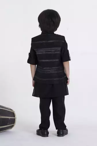 Black jaquard woven kurta jacket set