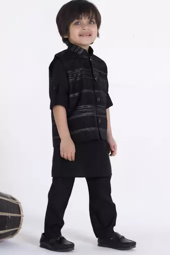 Black jaquard woven kurta jacket set