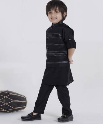 Black jaquard woven kurta jacket set 4