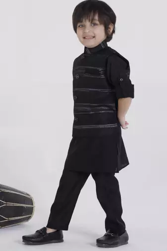 Black jaquard woven kurta jacket set
