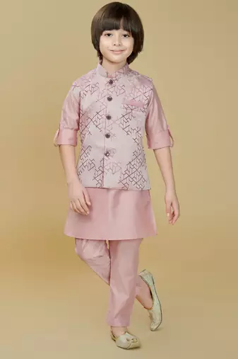 Pink jaquard woven kurta jacket set