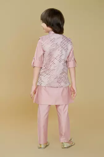 Pink jaquard woven kurta jacket set