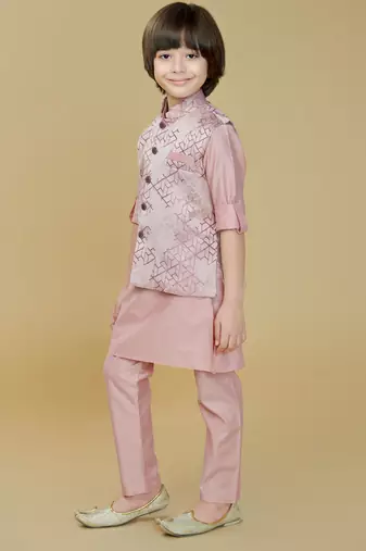 Pink jaquard woven kurta jacket set
