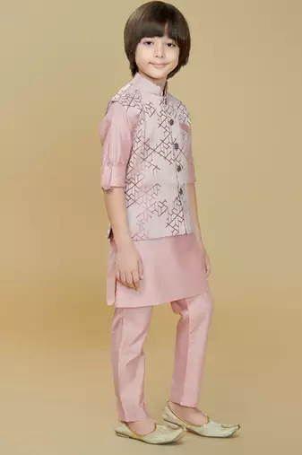 Pink jaquard woven kurta jacket set