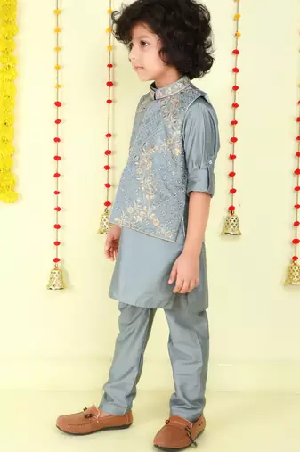 Offwhite jaquard woven kurta jacket set