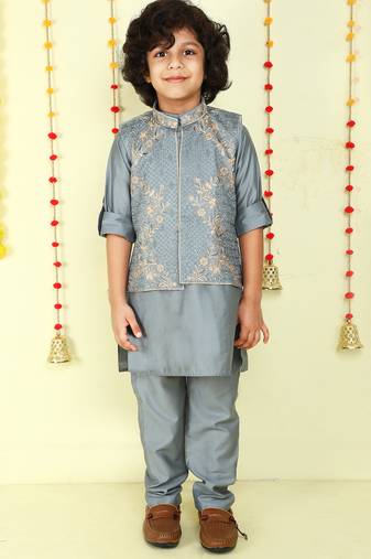 Grey gold zari embriodered cotton silk jacket with kurta set