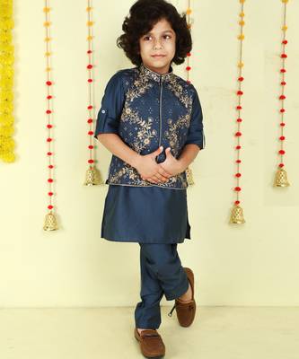 Teal gold zari embriodered cotton silk jacket with kurta set 1