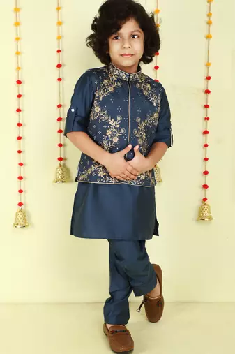 Teal gold zari embriodered cotton silk jacket with kurta set