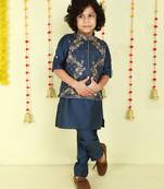 Teal gold zari embriodered cotton silk jacket with kurta set