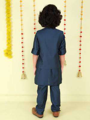 Teal gold zari embriodered cotton silk jacket with kurta set 2