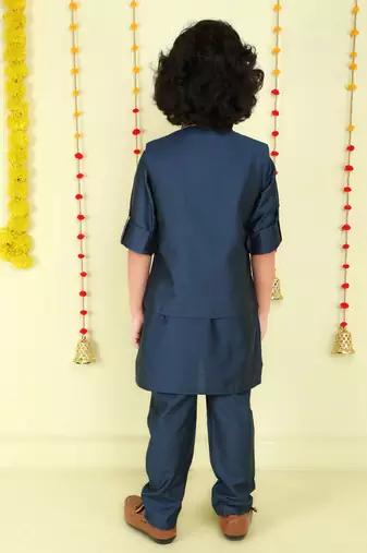 Teal gold zari embriodered cotton silk jacket with kurta set