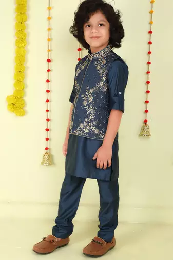 Teal gold zari embriodered cotton silk jacket with kurta set