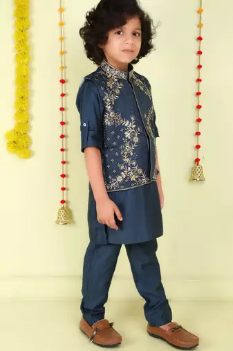 Teal gold zari embriodered cotton silk jacket with kurta set