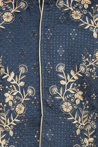 Teal gold zari embriodered cotton silk jacket with kurta set
