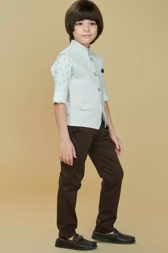 Offwhite cotton woven shirt trouser waistcoat set