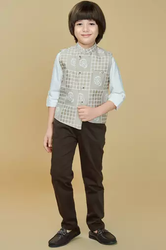 Beige checks cotton woven shirt trouser waistcoat set