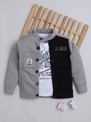 Grey solid cotton denim jacket with printed t-shirt for boys 1