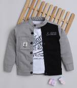 Grey solid cotton denim jacket with printed t-shirt for boys