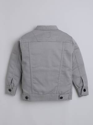 Grey solid cotton denim jacket with printed t-shirt for boys 2