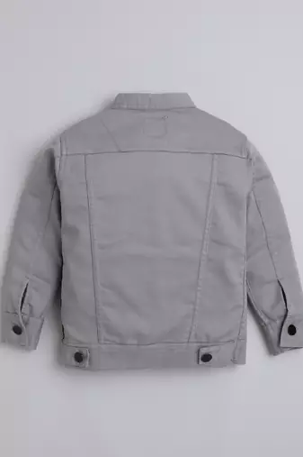 Grey solid cotton denim jacket with printed t-shirt for boys